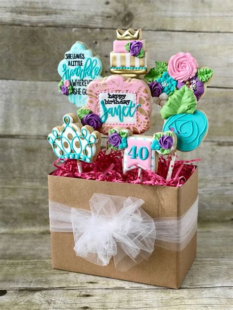 Happy 40th Decorated Cookie Bouquet | Birthday cookie bouquet, Cookie bouquet, Birthday cookies