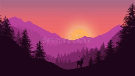 Flat Illustration Mountain Sunset Landscape. Realistic Pine Forest and ...