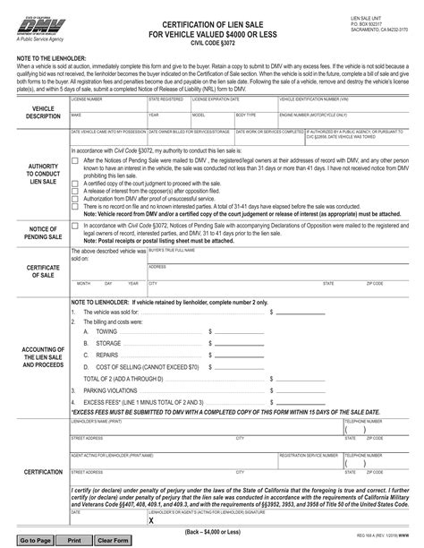 CA DMV Form REG 168A. Certification of Lien Sale for Vehicle Valued $4000 or Less | Forms - Docs ...