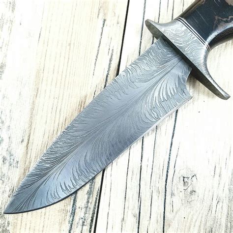 HTS-7 Damascus FEATHER Bowie // Custom // WENGE Wood Handle Amazing gr — HomeTown Knives