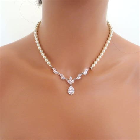 Wedding necklace and earring set Crystal drop earrings Bridal jewelry Pearl Bridal necklace ...