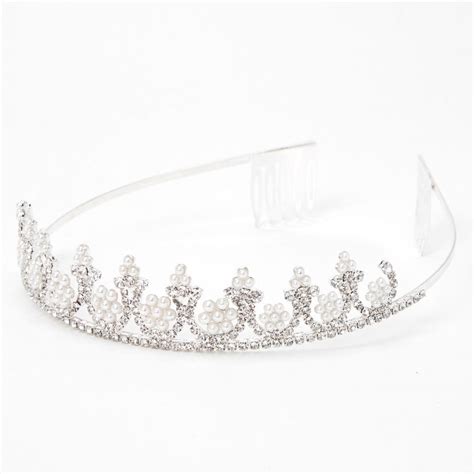 Silver Flower Pearl Rhinestone Tiara | Claire's