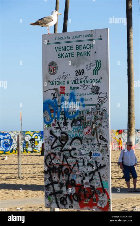 Venice Beach, LA, California seaside resort - graffiti defaced sign for Skate Park Stock Photo ...