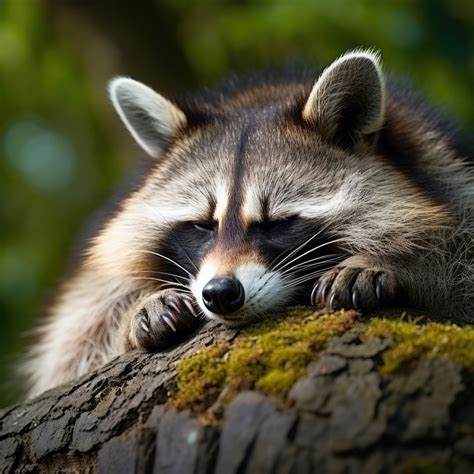 Raccoon Pictures-raccoon sleeping sleeps on a moss covered tree log