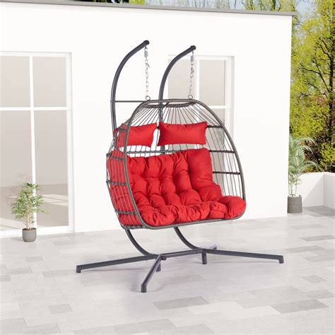 Double Swing Egg Chair with Stand, 2 Person Hanging Chair Foldable Twins Patio Chair with Thick ...