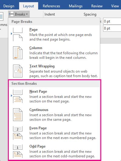 Add section breaks in Word