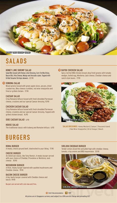 Tony Roma's menu in Thunder Bay, Ontario, Canada