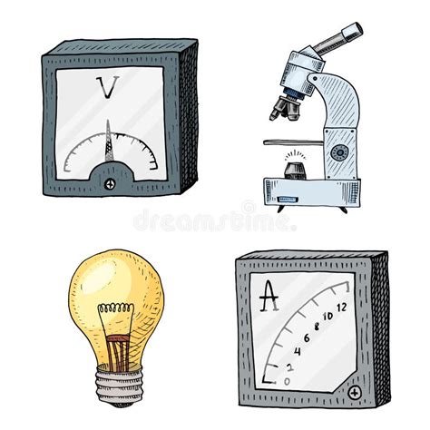 Ammeter or Voltmeter, Microscope and Light Bulb. Engraved Hand Drawn in ...