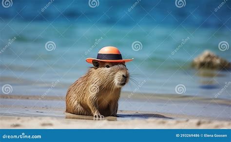 Cute Capybara in Orange Hat Resting on Shore of Sea or River Animals Theme Hydrochoerus ...