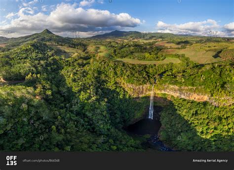 Aerial image of a waterfall at black river gorges national park, Mauritius. stock photo - OFFSET