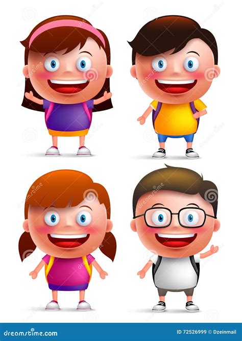 Kids Students Vector Characters Set with Happy Faces Wearing Backpacks Stock Vector ...