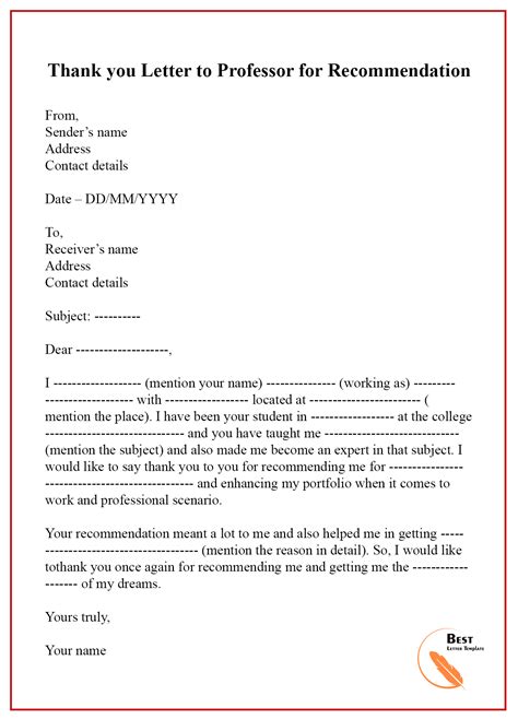 Thank You Letter To Professor For Recommendation Collection | Letter Template Collection