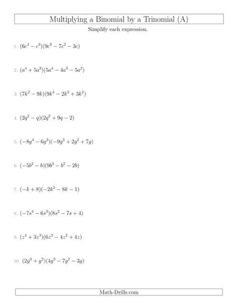 Multiplying a Binomial by a Trinomial (A) Algebra Worksheet