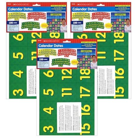 Scholastic® Calendar Dates Pocket Chart Add-ons, 3 Packs of 108 ...