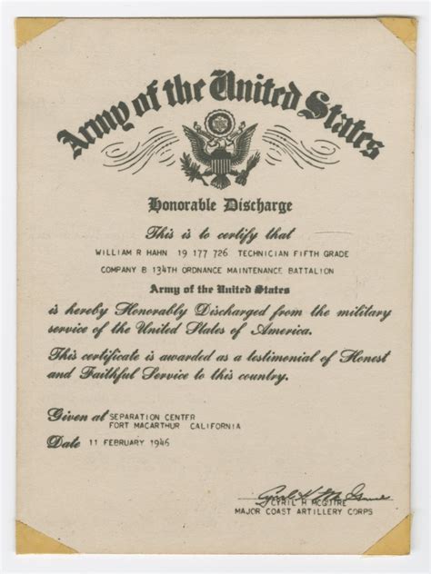 [William Hahn's Military Discharge Certificate] - Page 1 of 2 - The Portal to Texas History