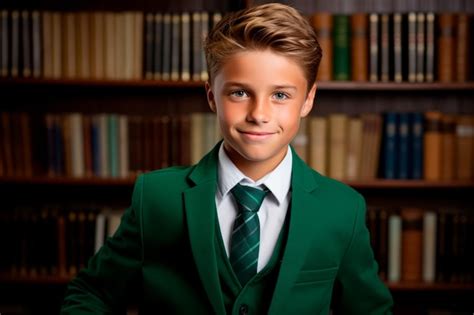 Premium AI Image | Image of boy wearing green uniform from school over library