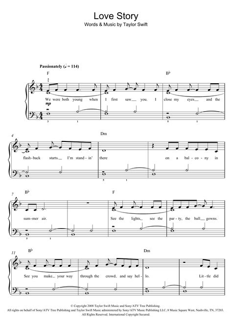 Love Story par Taylor Swift Partitions pour Piano Facile sur Sheet ...