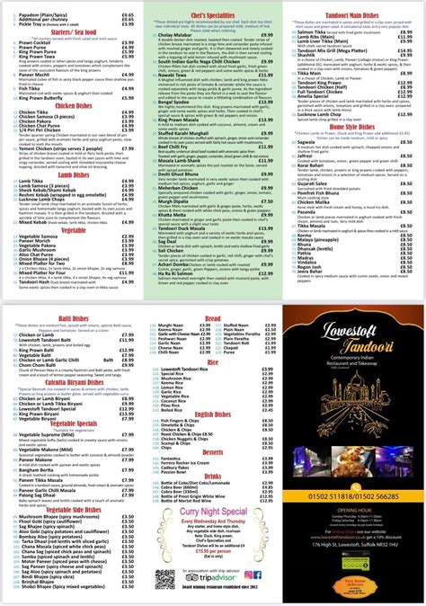 Menu at Lowestoft Tandoori restaurant, Lowestoft, 176 High St