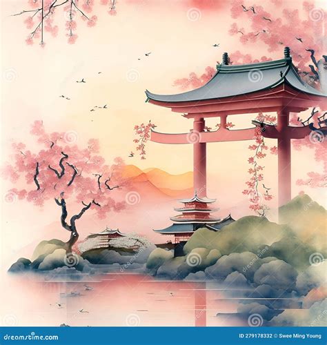 Image of the Traditional Japanese Watercolor Painting Art Featuring Cherry Blossoms,pagoda ...