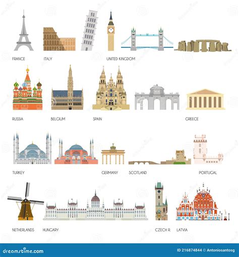 Set of 20 Monuments of Europe. Vector Illustration Stock Vector - Illustration of brandenburg ...