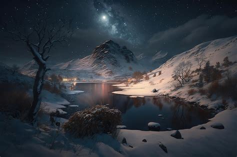 Premium Photo | Snow covered mountains with a river at night