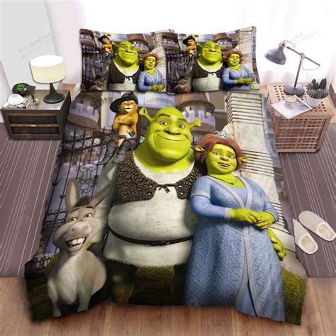 Shrek, Puss In Boots On Shrek Shoulder Bed Sheets Spread Comforter Duvet Cover Bedding Sets