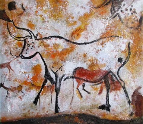 FREE SHIPPING Original Hand painted abstract Animal Lascaux Cave paintings in France oil ...