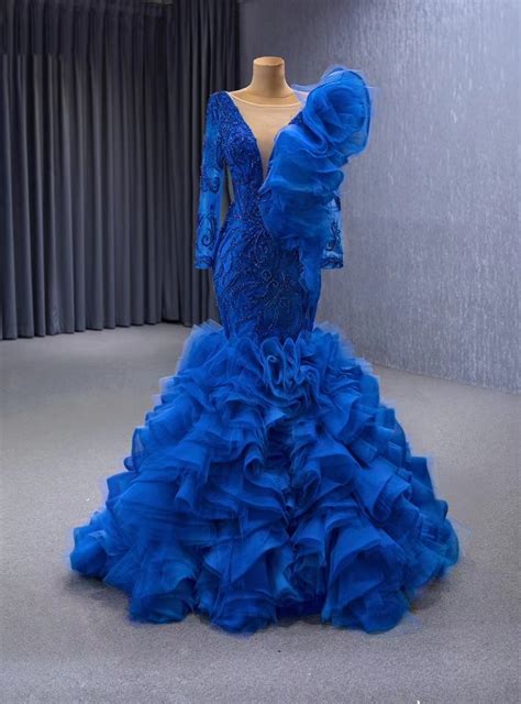 Blue Mermaid Sweetheart Neck Tulle Beading Crystal Prom Dress