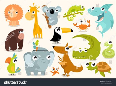 Big set of vector animals. Tropical animals. cartoon animals. lion, giraffe, gorilla, crab ...