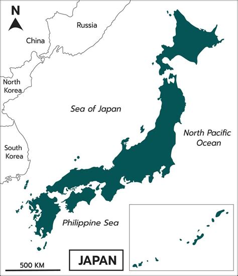 Map of Japan green color, include border countries Sea of Japan, North Pacific Ocean, Philippine ...