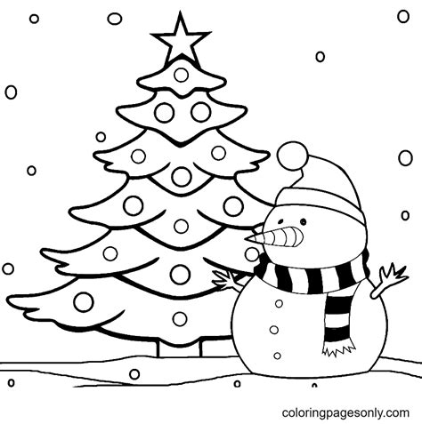 Christmas Tree and Snowman Coloring Page - Free Printable Coloring Pages