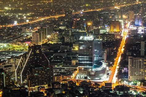 Premium Photo | Skyline view and car light trails from the top of king power mahanakhon at night