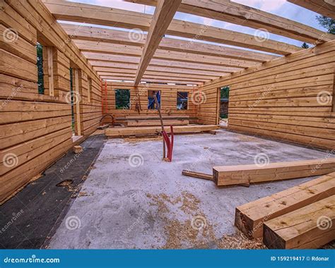 Building Family House from Spruce Logs. Semi Finished Building Stock Image - Image of frame ...