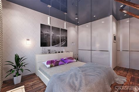 Purple white bedroom blue gloss ceiling treatment