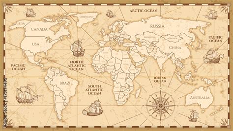 Vector antique world map with countries boundaries Stock Vector | Adobe Stock