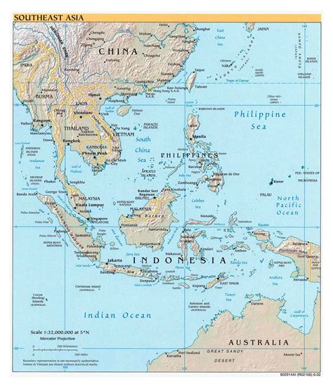 Large political map of Southeast Asia with relief, capitals and major cities – 2002 | Vidiani ...