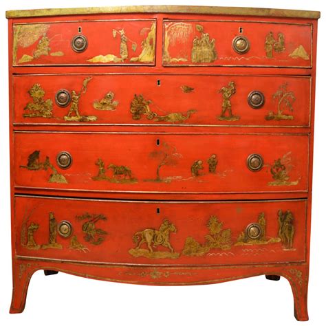 19th Century Red Lacquer Hepplewhite Bow Front Chest with Chinoiserie ...