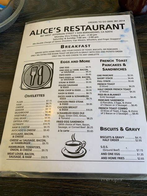 Online Menu of Alice's Restaurant, San Bernardino, CA