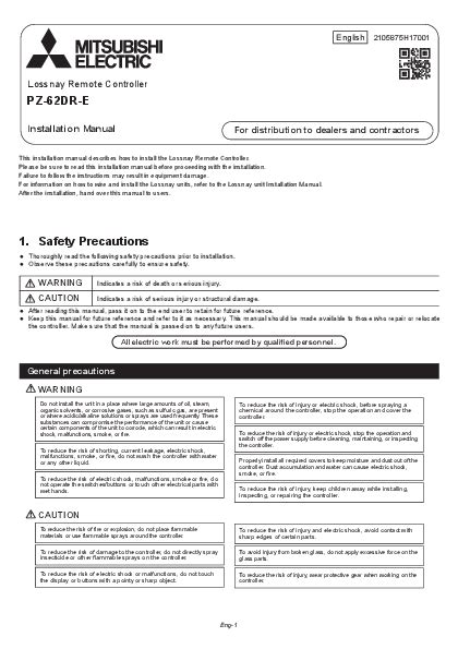 Mitsubishi Electric Lossnay PZ-62DR-E Remote Controller Installation Manual