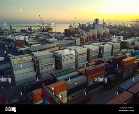 Cargo container warehouse at Mersin International Port. Aerial view ...