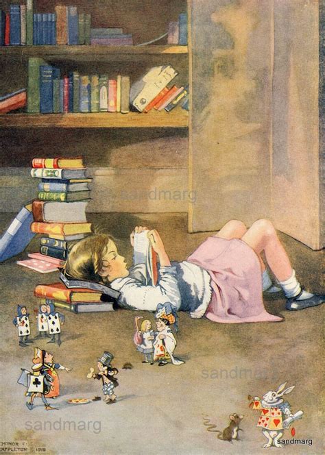 Vintage 1919 Storybook Illustration Reading Books Alice in