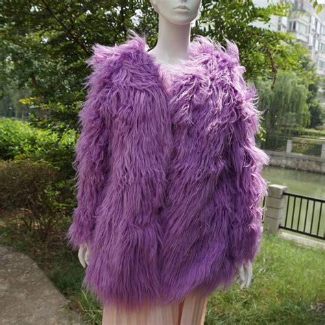 GTGYFF solid purple long sleeve shaggy fluffy fake faux fur jacket coat ...