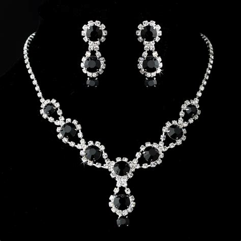 Black Onyx Swarovski Crystal Bridesmaid Necklace Set - Jewelry Sets