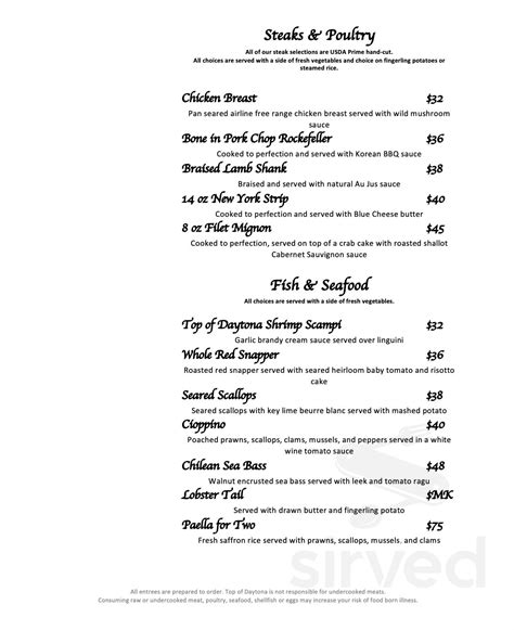 Top of Daytona Restaurant menu in Daytona Beach, Florida, USA