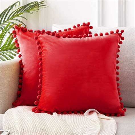 Topfinel Solid Decorative Throw Pillow Covers with Pom Poms Square Soft Velvet Cushion Covers 16 ...