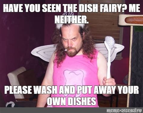 Meme: "HAVE YOU SEEN THE DISH FAIRY? ME NEITHER. PLEASE WASH AND PUT ...