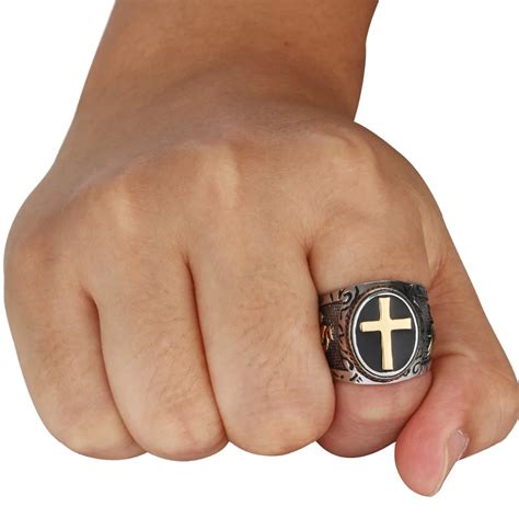 Vintage Stainless Steel Christian Holy Cross Prayer Ring for Men Silver Gold Black Tone Signet ...