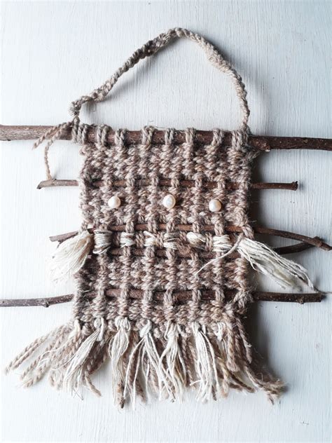 Small Handwoven Wall Hanging, Wool on Hazel Twigs with Pearls | Wall hanging, Hand weaving ...