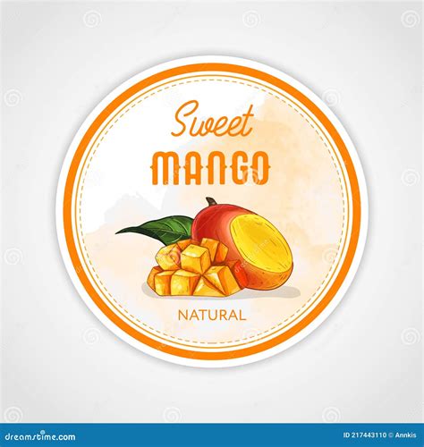 Round Label or Sticker Design in Vintage Style with Mango Illustration. Sweet Natural Mango. for ...