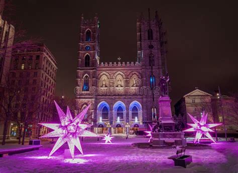 The First Snow in Montreal, Festive Christmas Decoration Near Notre ...